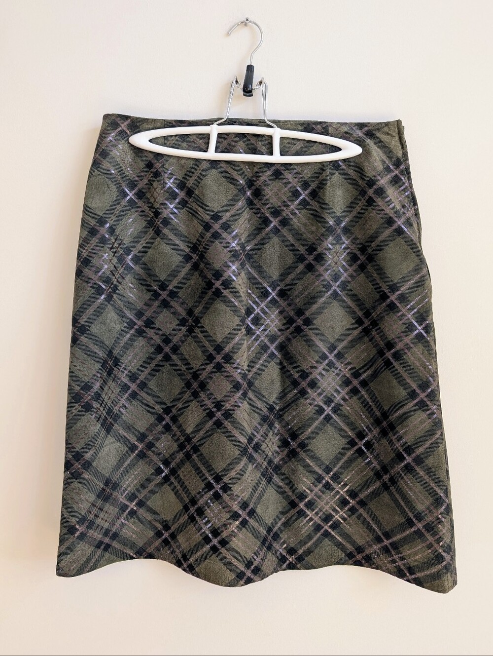 Daniel Genuine Leather Suede Olive Green Black Plaid Skirt Size 10